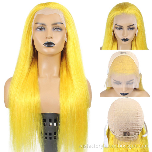 Wholesale Colored Human Hair yellow wig, pre plucked brazilian yellow lace frontal wigs, colorful straight yellow lace front wig